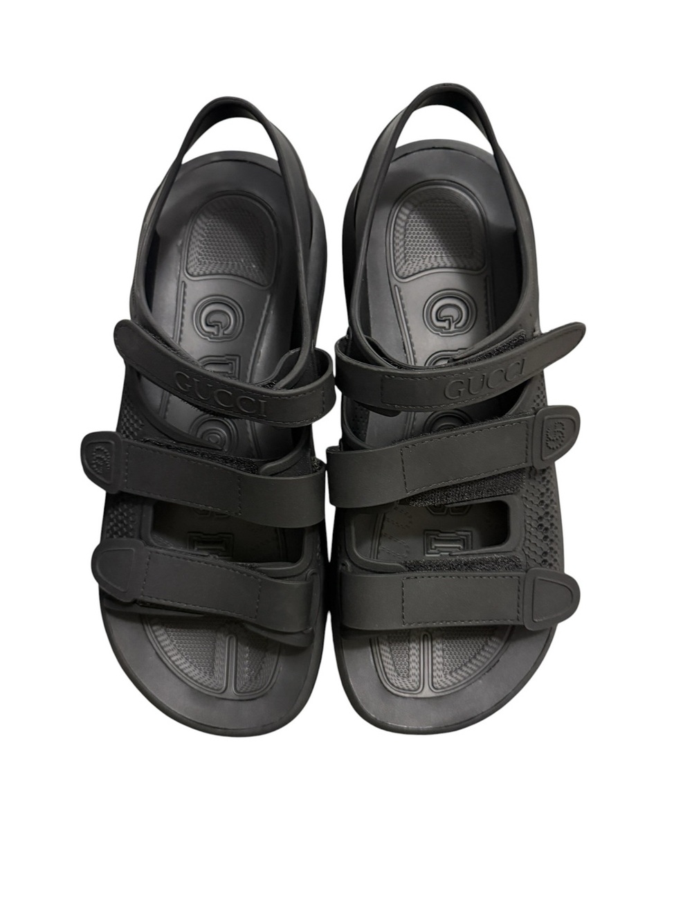 Gucci Black Rubber Honeycomb Strap Sandals, Size 8